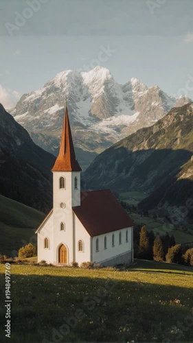 White church with orange roof mountains.