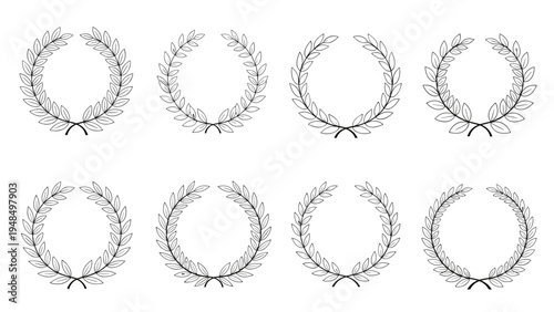 Selection of eight different laurel wreath designs in black ink style used for awards, victory symbols, and classic decorative frame elements.