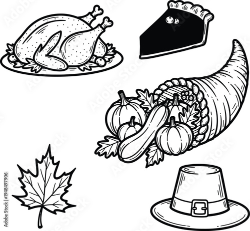 Festive Thanksgiving harvest symbols including a roasted turkey, pie, cornucopia, and pilgrim hat.
