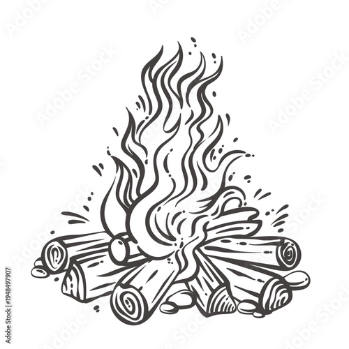Viking campfire with stacked logs and rising flames, traditional Norse fire used for warmth, ritual and gathering during raid journeys. Detailed Monochrome Viking campfire vector illustration.