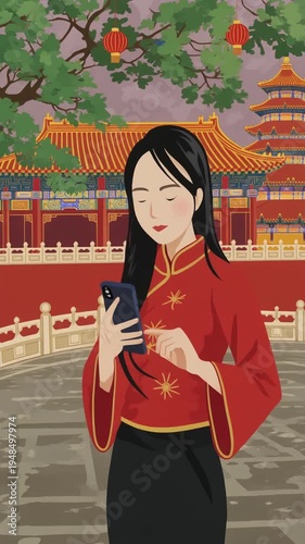 Woman in traditional Chinese clothing using smartphone.