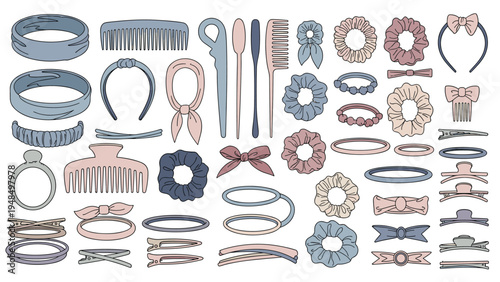 Comprehensive collection of hair accessories including headbands, clips, combs, and scrunchies in soft blue and pink tones for beauty styling.