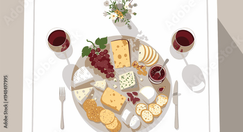 Cheese Platter with Fruits and Wine.