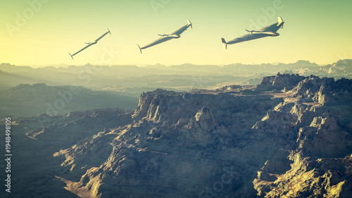 The HESA Shahed is an Iranian drone. Sensitive targets, attack. Drones flying at evening. Drone kamikaze, 3d rendering