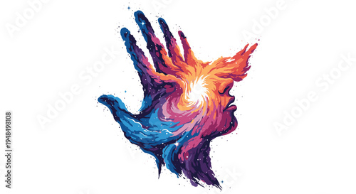 Vibrant Human Head with Hand Spiritual Concept.