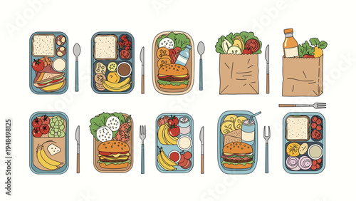 Array of healthy lunch box ideas and grocery bags filled with fresh vegetables, burgers, sandwiches, and fruit for balanced meal planning.