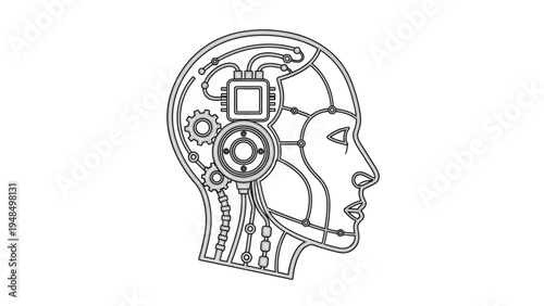 Human Head with Mechanical Brain Components.