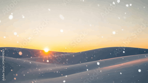 Snowflakes Falling on Snowy Landscape at Sunset.