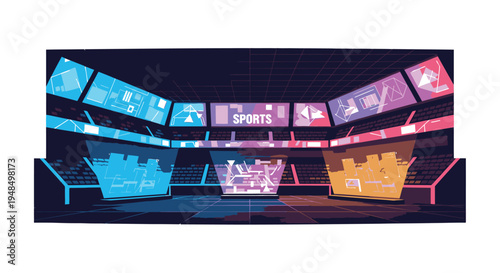 Futuristic Sports Stadium with Neon Lights and Screens.