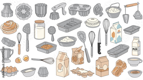 Large set of baking equipment and ingredients including bowls, pans, milk, eggs, flour, and whisks for culinary preparation and cooking.
