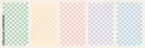 Set of checkerboard backgrounds in pale pastel colors. Groovy hippie chessboard pattern. Retro 60s 70s psychedelic design. Gingham vector wallpaper collection for print templates or textile.