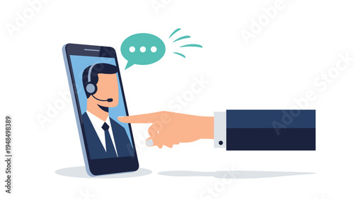 Hand pointing at a smartphone screen during a video call with a customer support representative wearing a headset for digital assistance.