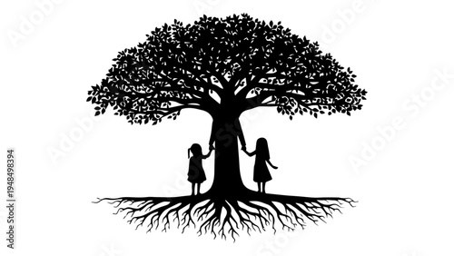 Silhouette of a father holding hands with two daughters standing under a large leafy tree on white background.