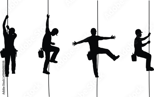 Industrial rope access worker silhouette climbing safety rope with tools, construction maintenance technician flat vector illustration set