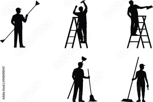 Cleaning worker and maintenance staff silhouette collection with broom mop ladder tools janitor service flat vector illustration set