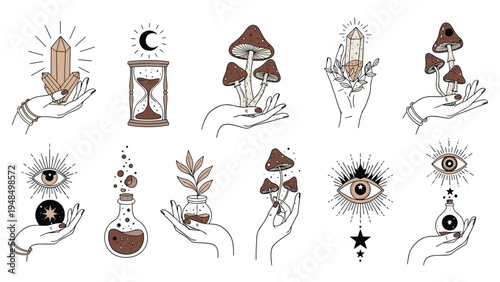 Mystical collection of esoteric symbols including hands holding crystals, mushrooms, hourglass, and eyes with celestial moons and stars.