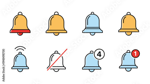 Set of notification bell icons in different states including active, silent, red alert, and numeric badges for digital user interface.