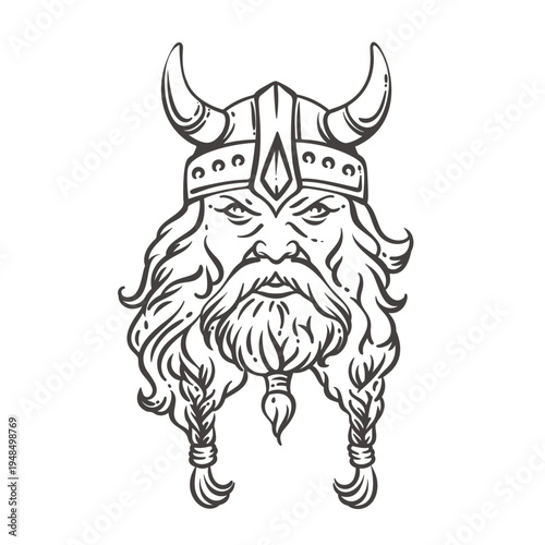 Viking warrior head with horned helmet and braided beard, fierce Norse portrait inspired by Scandinavian mythology. Detailed Viking warrior in monochrome engraving style vector illustration.