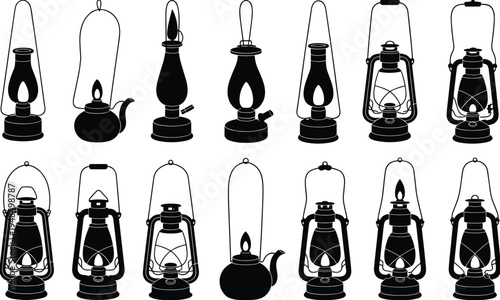 Vintage oil lamp and kerosene lantern silhouette collection with classic antique lighting designs isolated flat vector illustration set