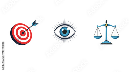 Conceptual icons representing core values of target achievement, vision with an eye, and balance with justice scales for business strategy.
