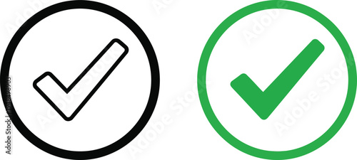 Two circular icons with check marks in contrasting border colors representing validation or approval. Vector