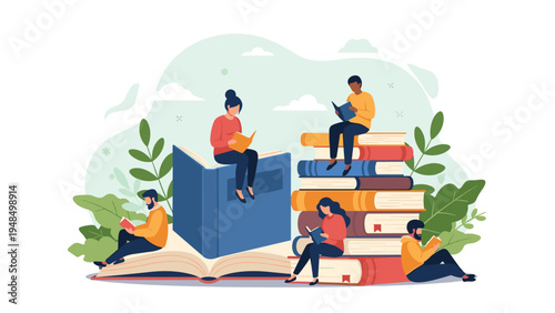 People reading and sitting on giant books surrounded by large green leaves representing the power of education, knowledge, and literature.