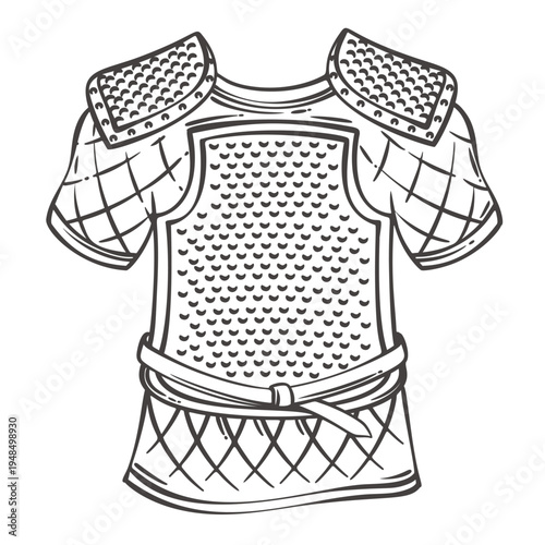 Viking chainmail armor with shoulder guards and belt, detailed Norse protective garment with scale texture and quilted sleeves. Viking armor in monochrome engraving style vector illustration.