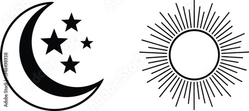Black and white illustration of the moon with stars and a sun with rays Vector