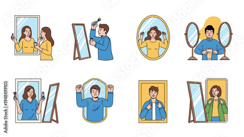 Collection of people checking their appearance in various mirrors while applying makeup, styling hair, or trying on new clothes at home.