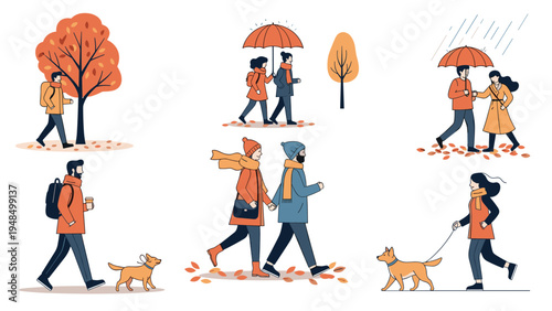 People enjoy outdoor autumn activities including walking dogs and strolling under umbrellas amidst falling orange leaves.