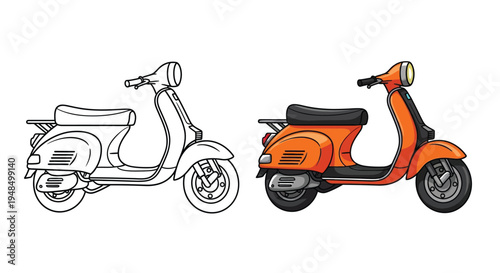 The scooter outline and color illustration design set is ready.