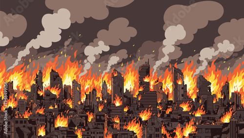 Massive city fire with towering skyscrapers engulfed in flames and thick black smoke creating a scene of widespread urban disaster.