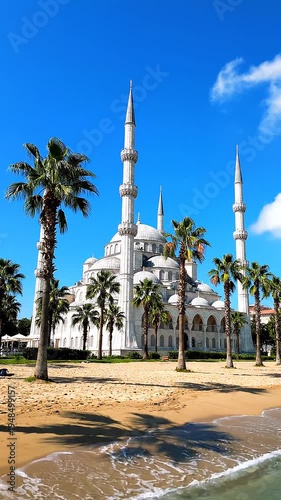 White Mosque on Sandy Beach Shore.