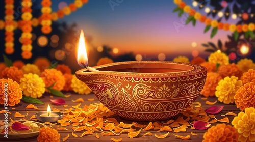 Traditional Diwali diya with marigold flowers and festive decorations