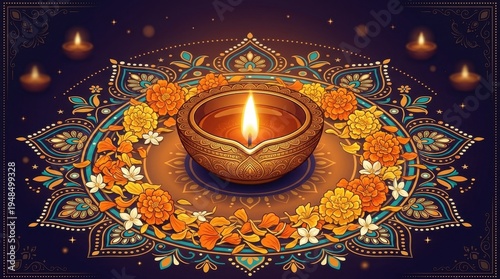 Traditional Diwali diya lamp with floral rangoli design
