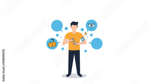 Young man monitors his blood sugar levels as part of a healthy lifestyle with medical icons like a glucometer and cuff.