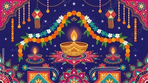 Colorful Diwali Festival Decoration with Traditional Rangoli and Diyas