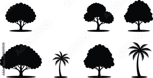 Collection of tropical palm and deciduous tree silhouettes isolated as black vector icons for forest nature landscape garden and environmental design
