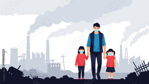 Family members wear protective face masks while walking through a city with air pollution caused by factory smoke.