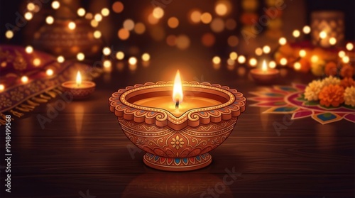 Traditional Diwali diya lamp with festive bokeh lights background
