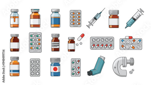 Comprehensive collection of medical items features medicine bottles, blister packs, syringes, and inhalers for health.