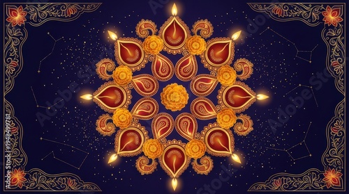 Intricate Diwali Rangoli Design with Lit Diyas on Dark Background