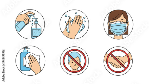 Informative hygiene icons demonstrate essential safety practices such as hand washing, wearing a mask, and distancing.