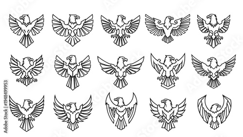 Collection of stylized eagle and phoenix emblems features symmetrical designs with spread wings to symbolize power.
