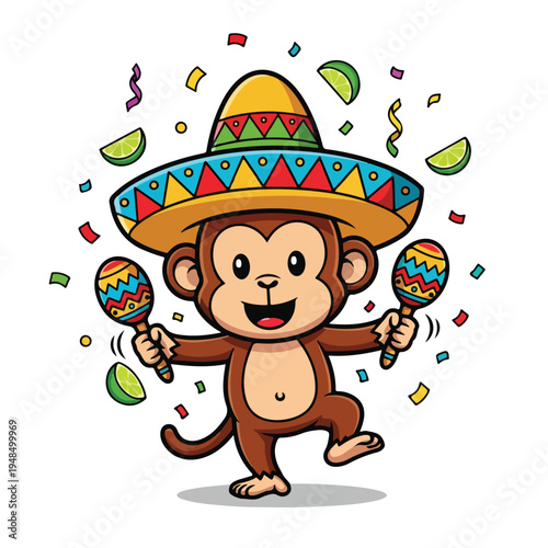 A cartoon monkey wearing a sombrero and holding maracas surrounded by festive confetti and lime wedges on a white background with a lively and playful mood.