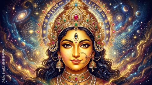 Goddess with cosmic background and intricate jewelry design
