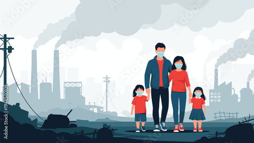 Family of four wearing protective face masks walks through a city backdrop filled with industrial air pollution.
