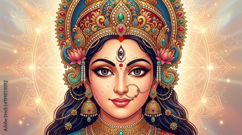 Colorful digital illustration of a goddess with ornate jewelry and headdress