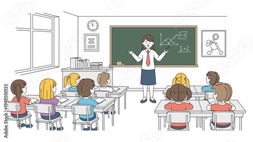 Smiling female teacher stands in front of a blackboard while explaining a math lesson to young students in a class.