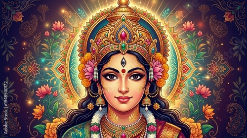 Colorful Illustration of a Goddess with Floral and Ornate Details